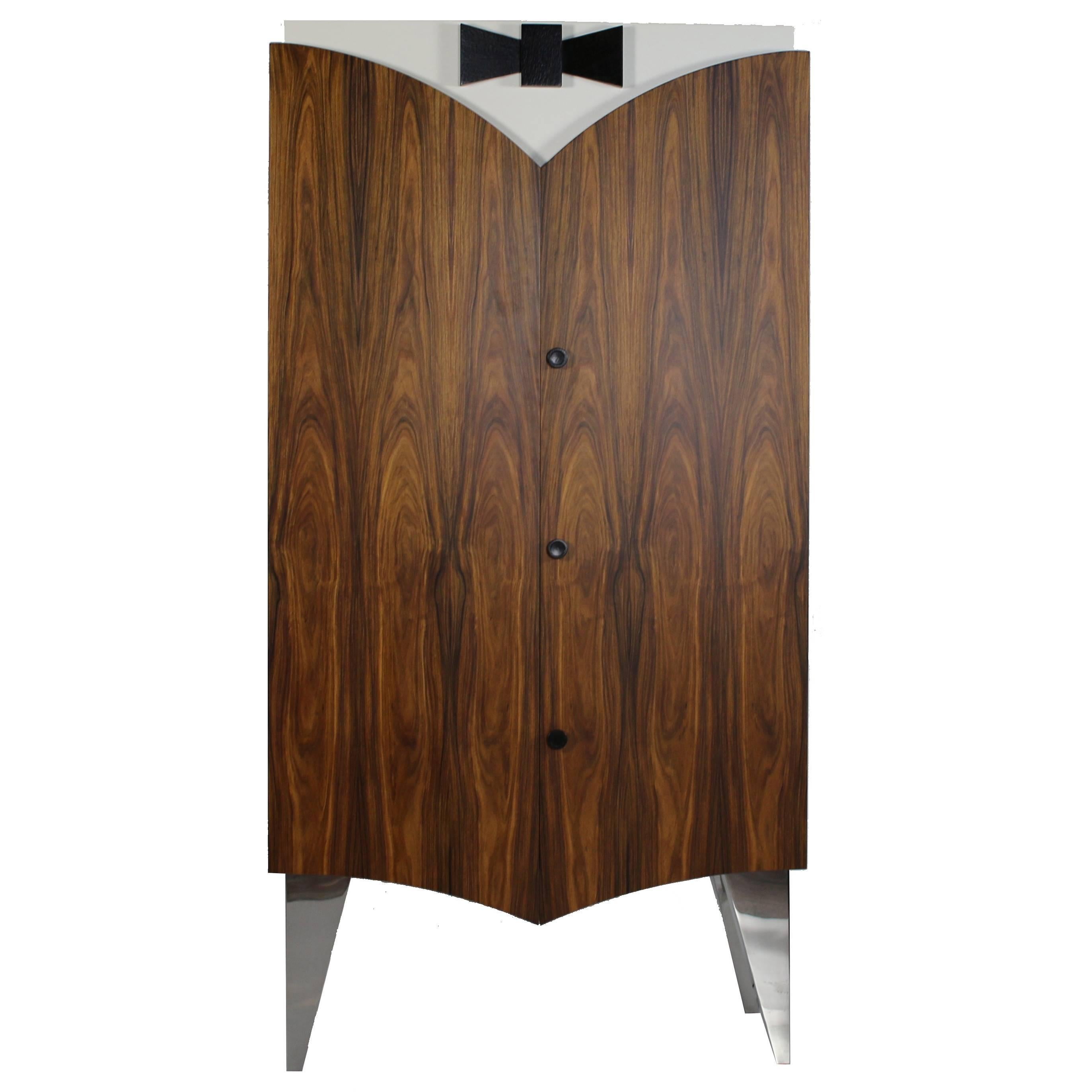 Tuxedo Bar in Rosewood, Stainless Steel and Pearl Lacquer For Sale