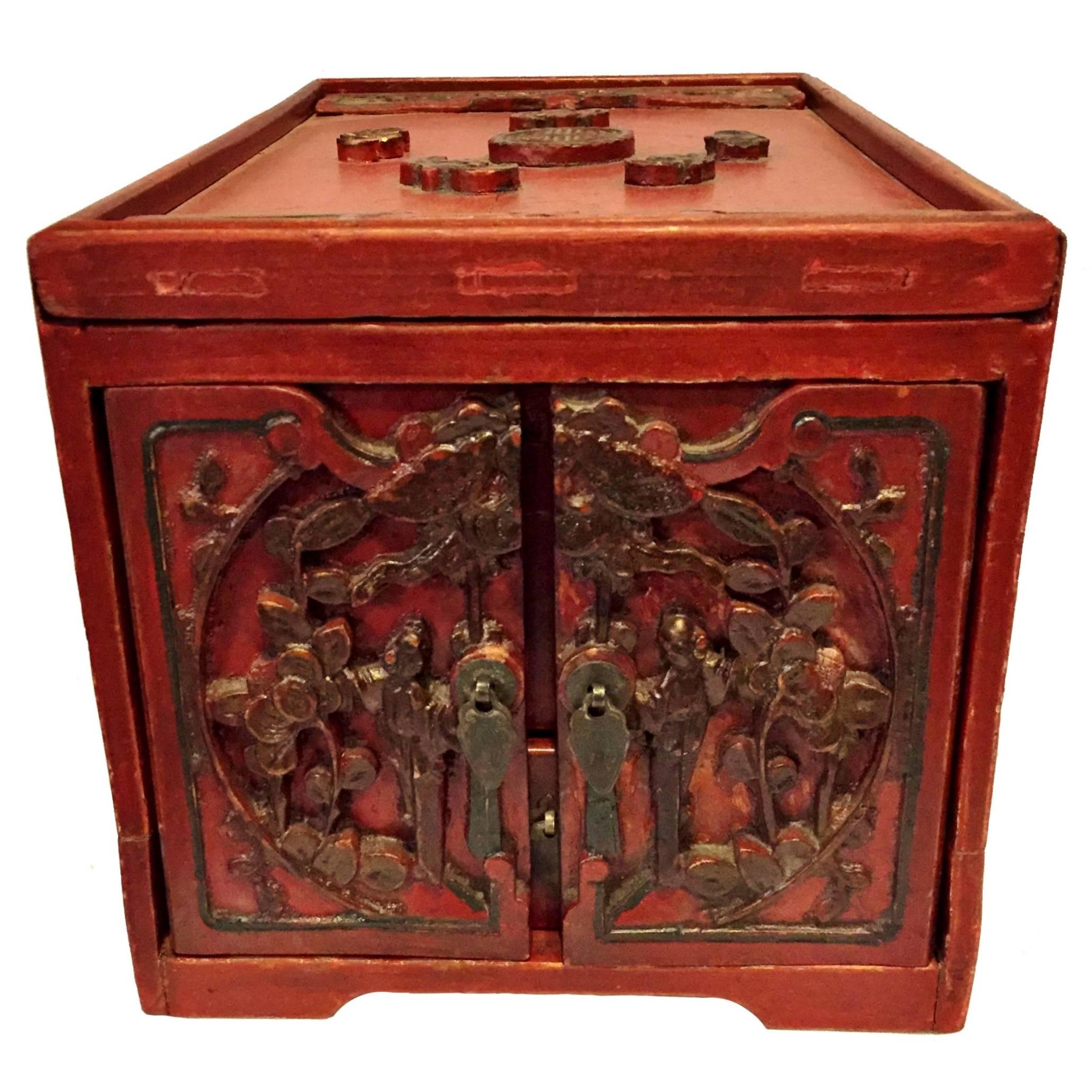 19th Century Jewelry Box, Chinese Red Lacquered