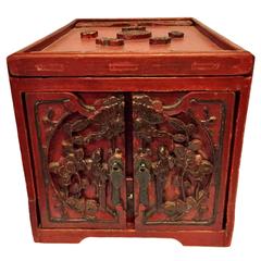 19th Century Jewelry Box, Chinese Red Lacquered