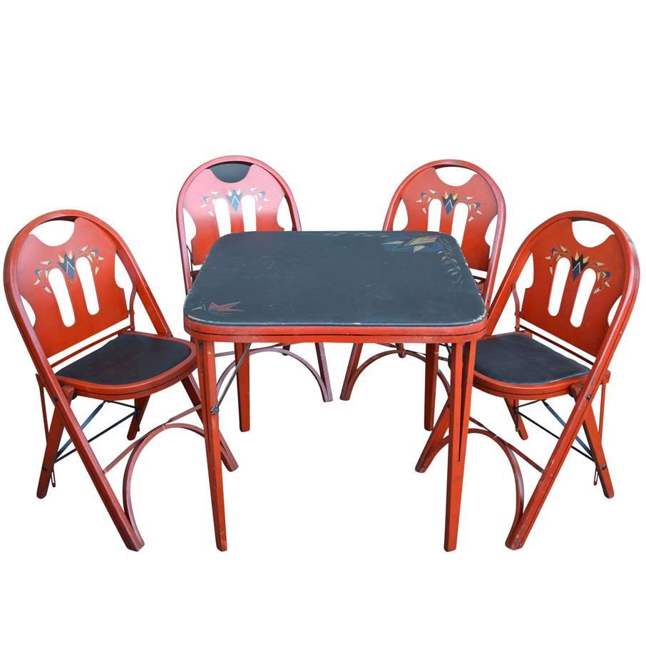 Set of Solid Kumfort Folding Table and Chairs, circa 1927