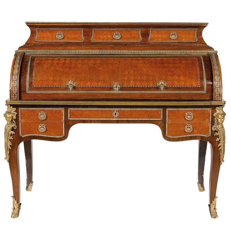 Fine Transitional Style OrmoluMounted Kingwood and Mahogany Roll Top