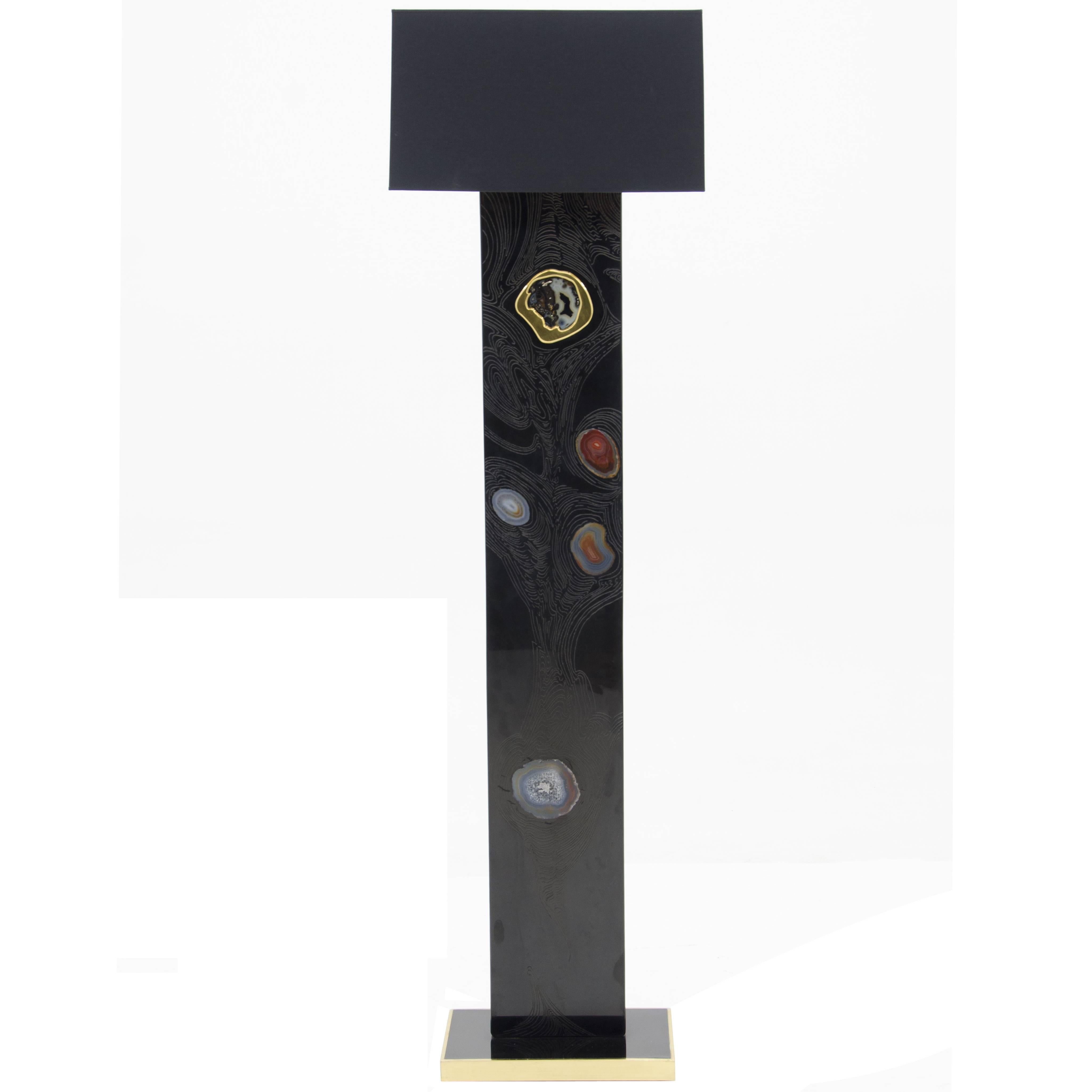 Floor Lamp in Black Resin Inlaid Agates by Stan Usel For Sale