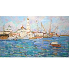'Kineshma Harbor' Original Soviet Era Painting by Nikolai Mokrov, Dated 1989