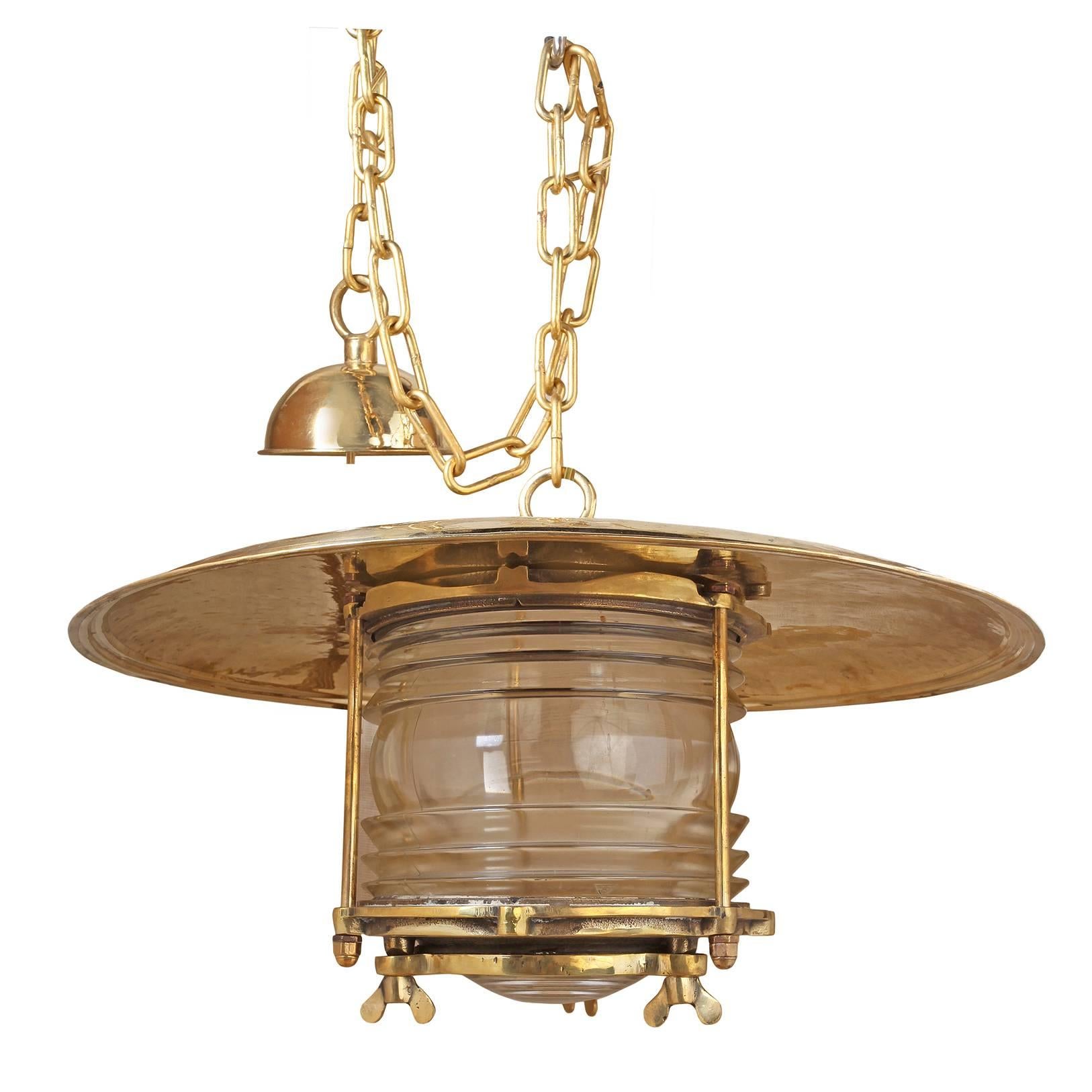 Large Brass and Fresnel Lens Ship Pole Lights, Mid-Century