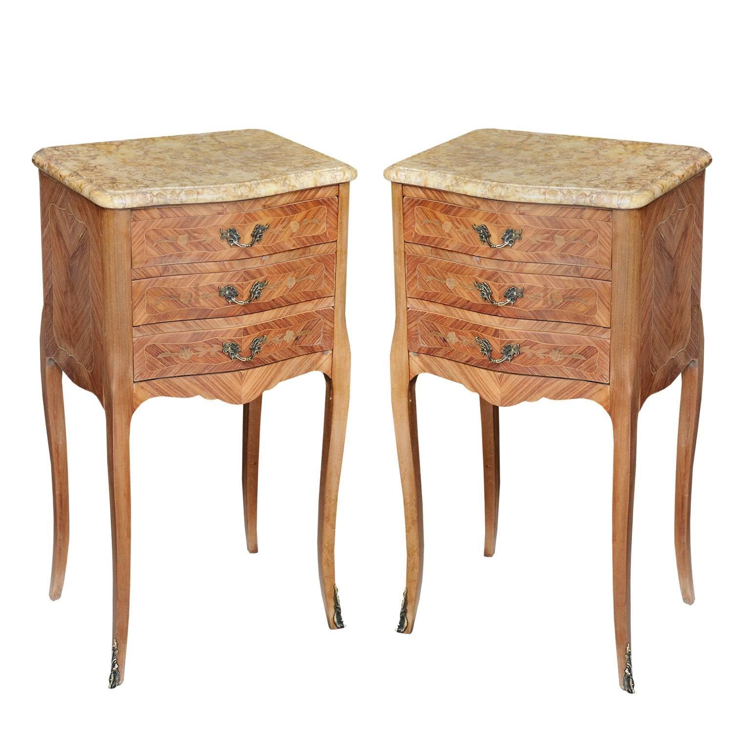French Louis XVI Style Inlayed Dry Walnut Night/Bedside Tables, circa 1880 For Sale