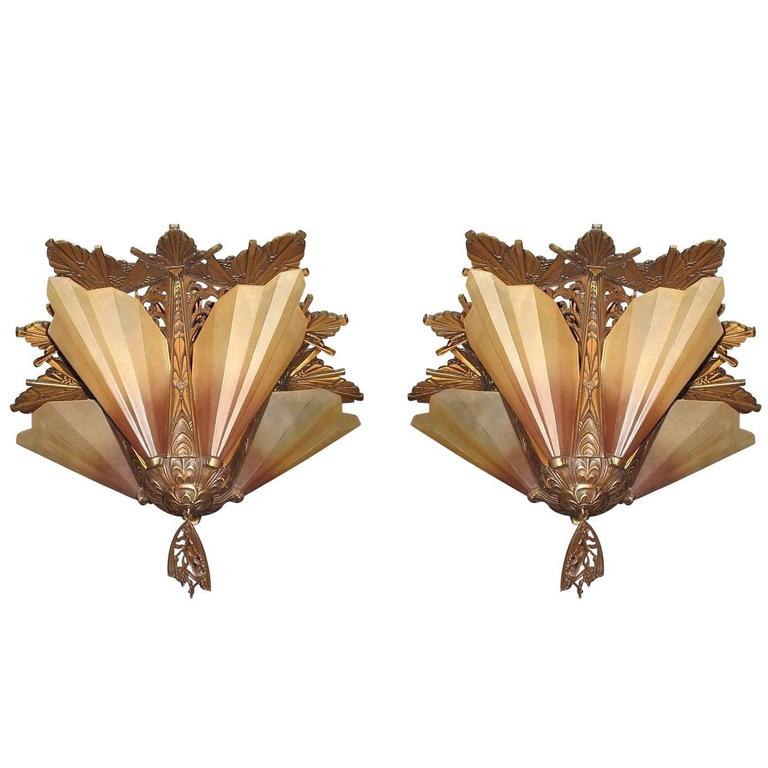 Rare Vintage Flush Mount Solid Bronze Slip Shade Brown Tip Fixture