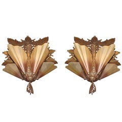 Rare Vintage Flush Mount Solid Bronze Slip Shade Brown Tip Fixture