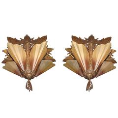 Rare Vintage Flush Mount Solid Bronze Slip Shade Brown Tip Fixture 12