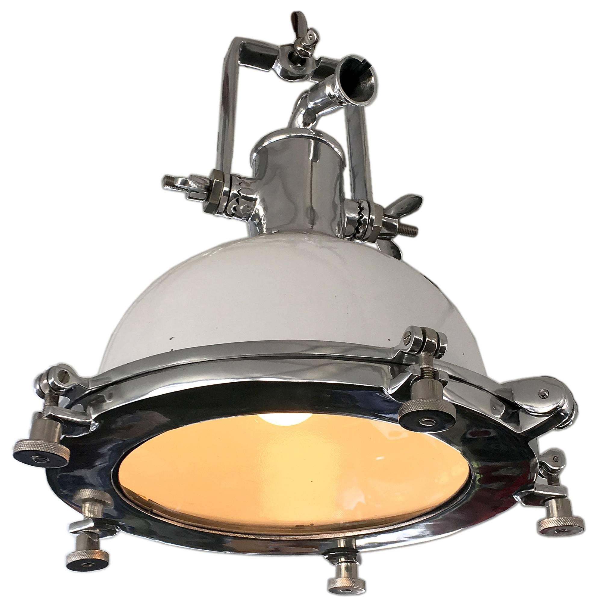 Swinging Metal White Enameled Lampara Boat Lamp, USA, 1930