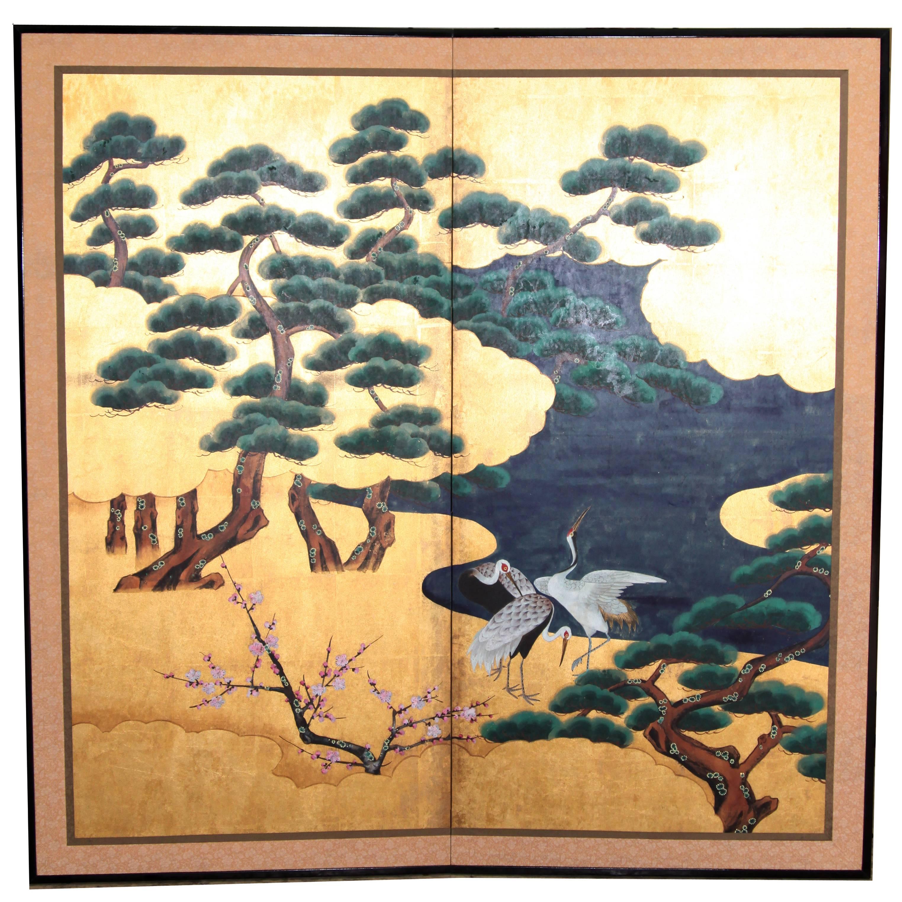 Handpainted Japanese Folding Screen 'Byobu' Cranes by the River, Gold Leaf