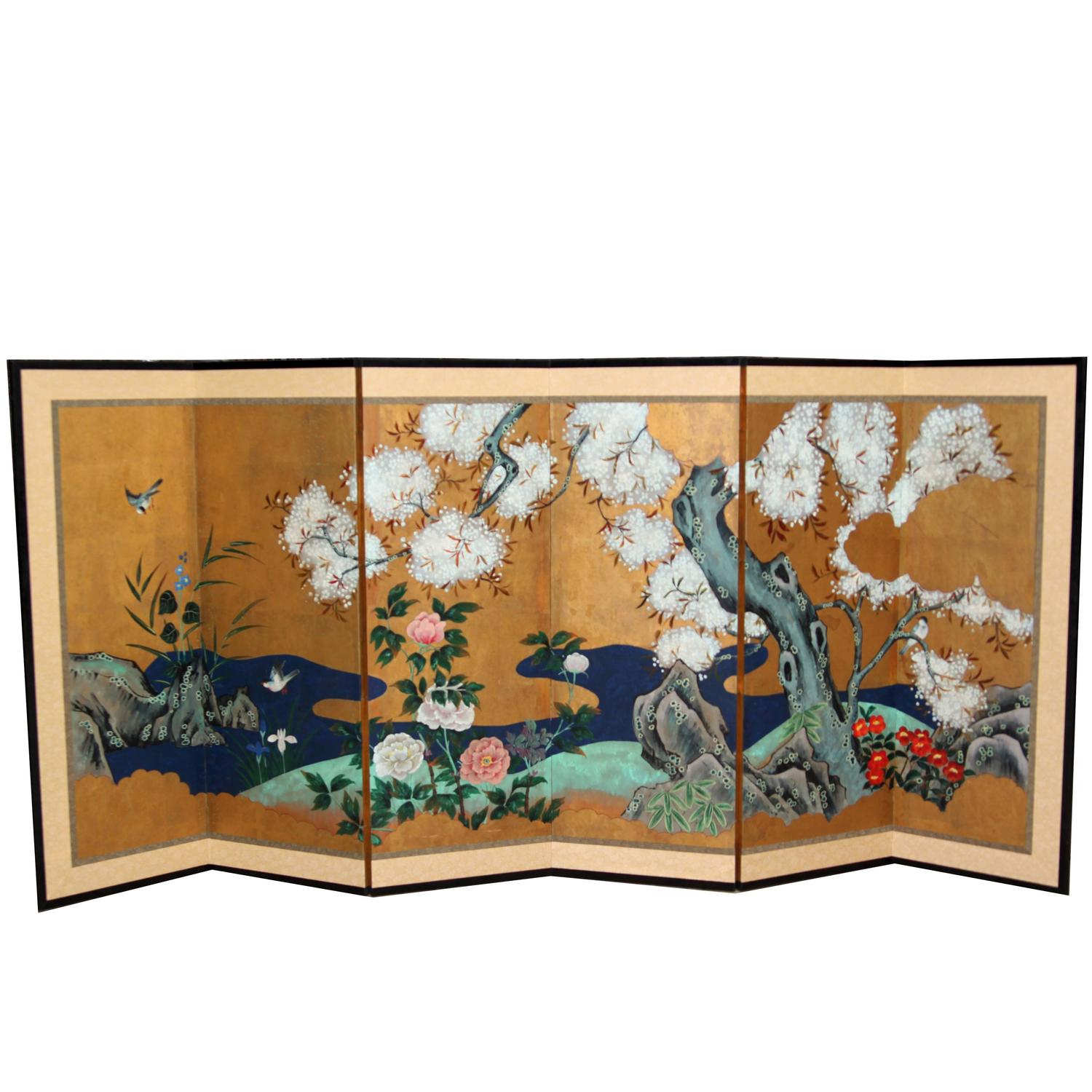 HandPainted Japanese Folding Screen Byobu Floral Painting, Watercolor