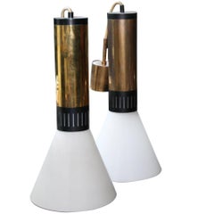 Pair of Stilnovo Brass and Milk Glass Pendant Lights