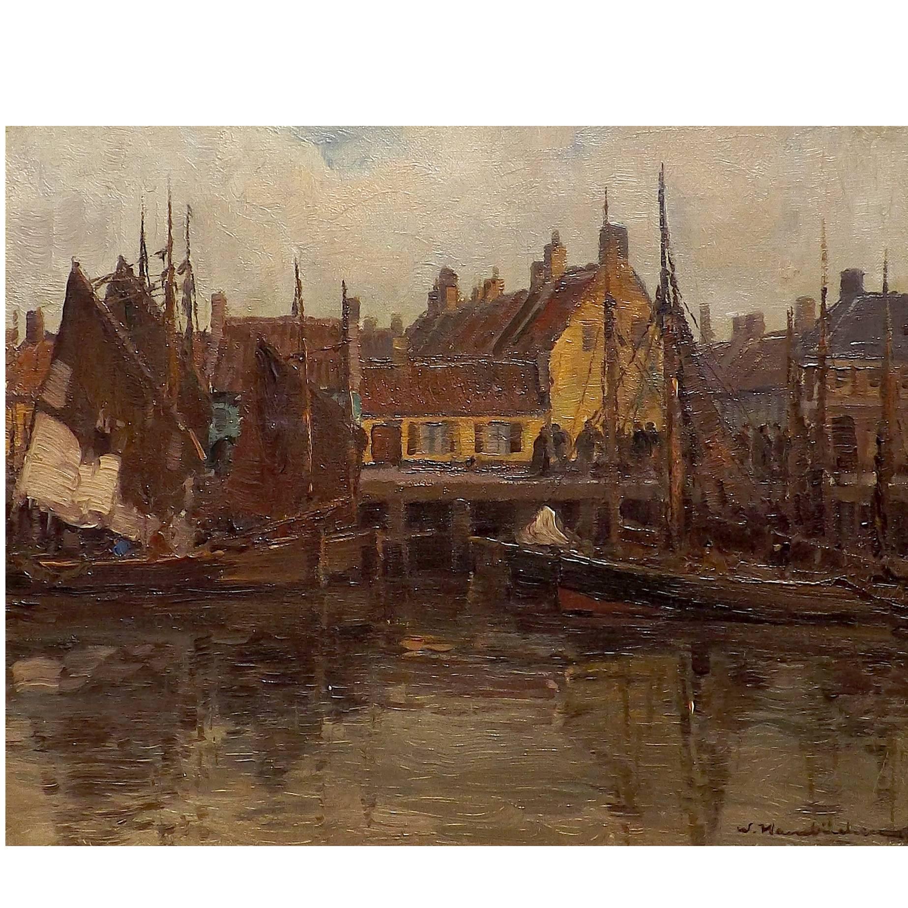 'Harbor at Spakenburg, the Netherlands' Painting by Wilhelm Hambüchen For Sale