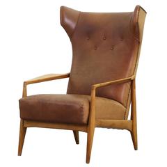 Beautiful Leather Lounge Wing Chair, German Design