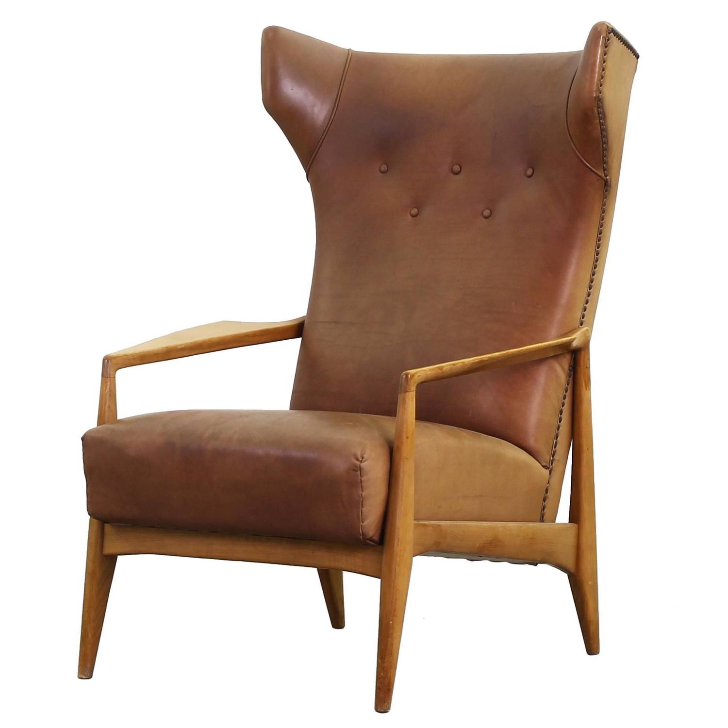 Beautiful Leather Lounge Wing Chair, German Design at 1stdibs