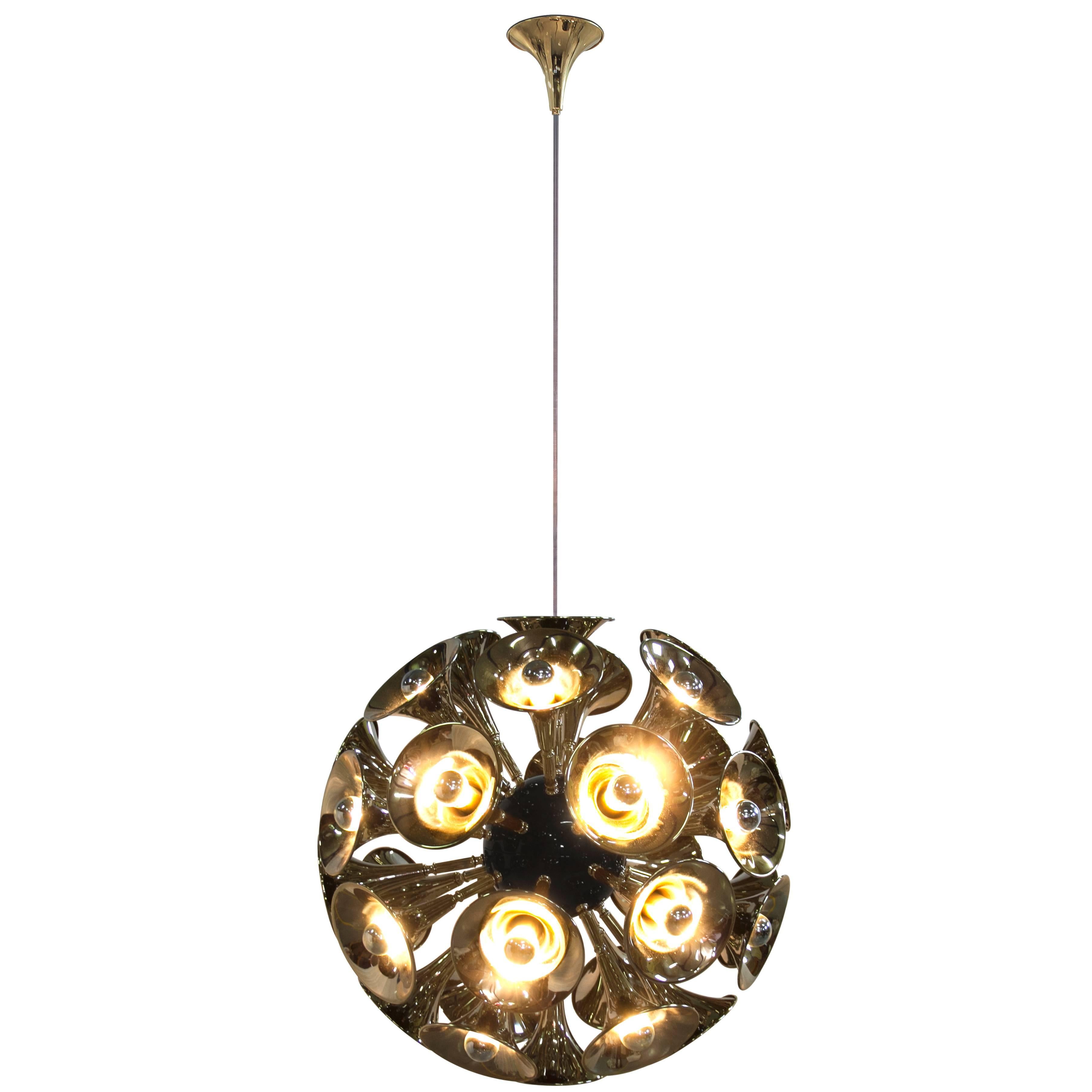 European Art Deco Botti Gold and Brass Spherical Chandelier by Delightful For Sale