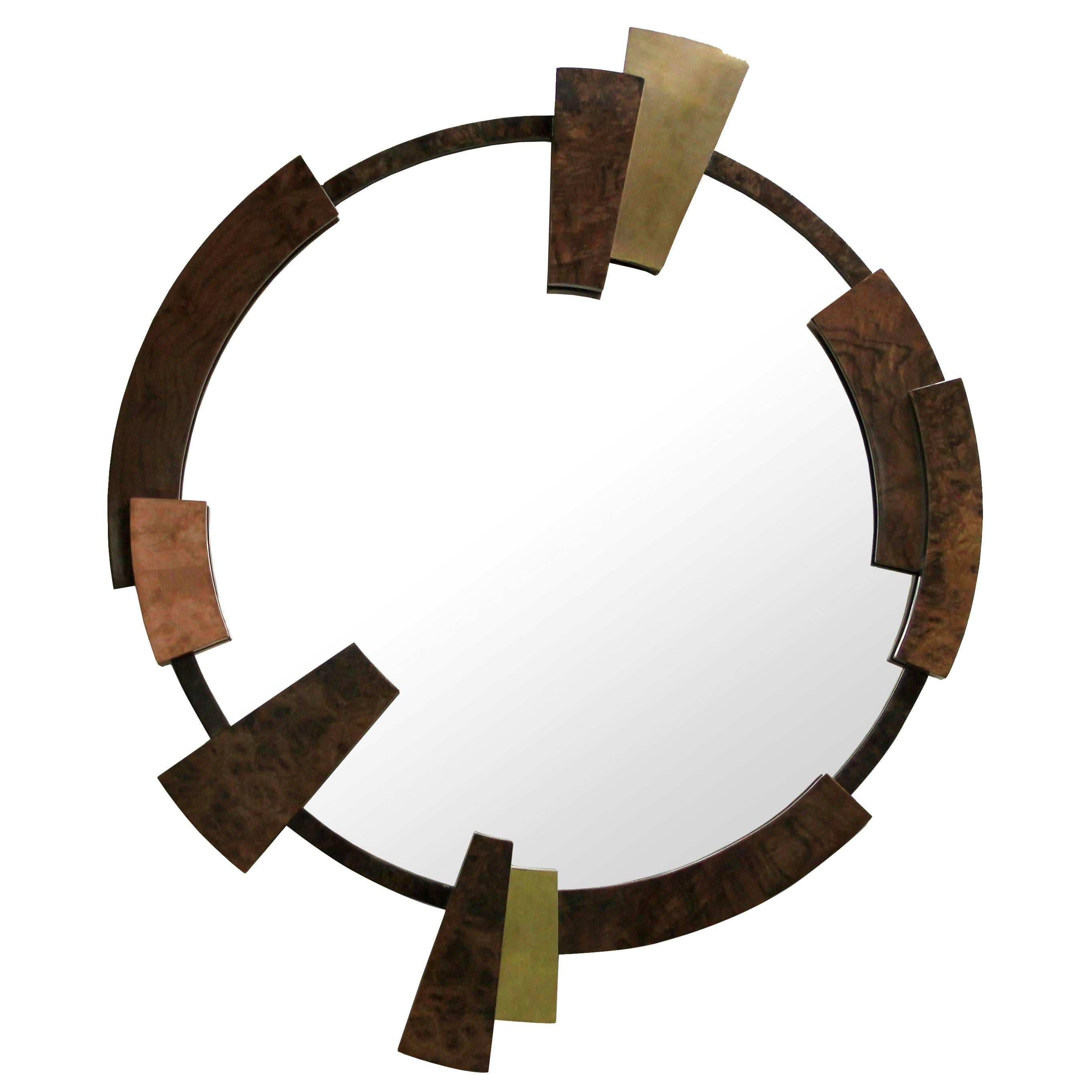 Large European Modern Walnut, Brass and Copper Kaamos Round Mirror by Brabbu For Sale