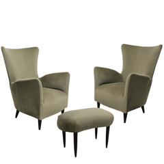 Pair of Sculptural Armchairs with Stool