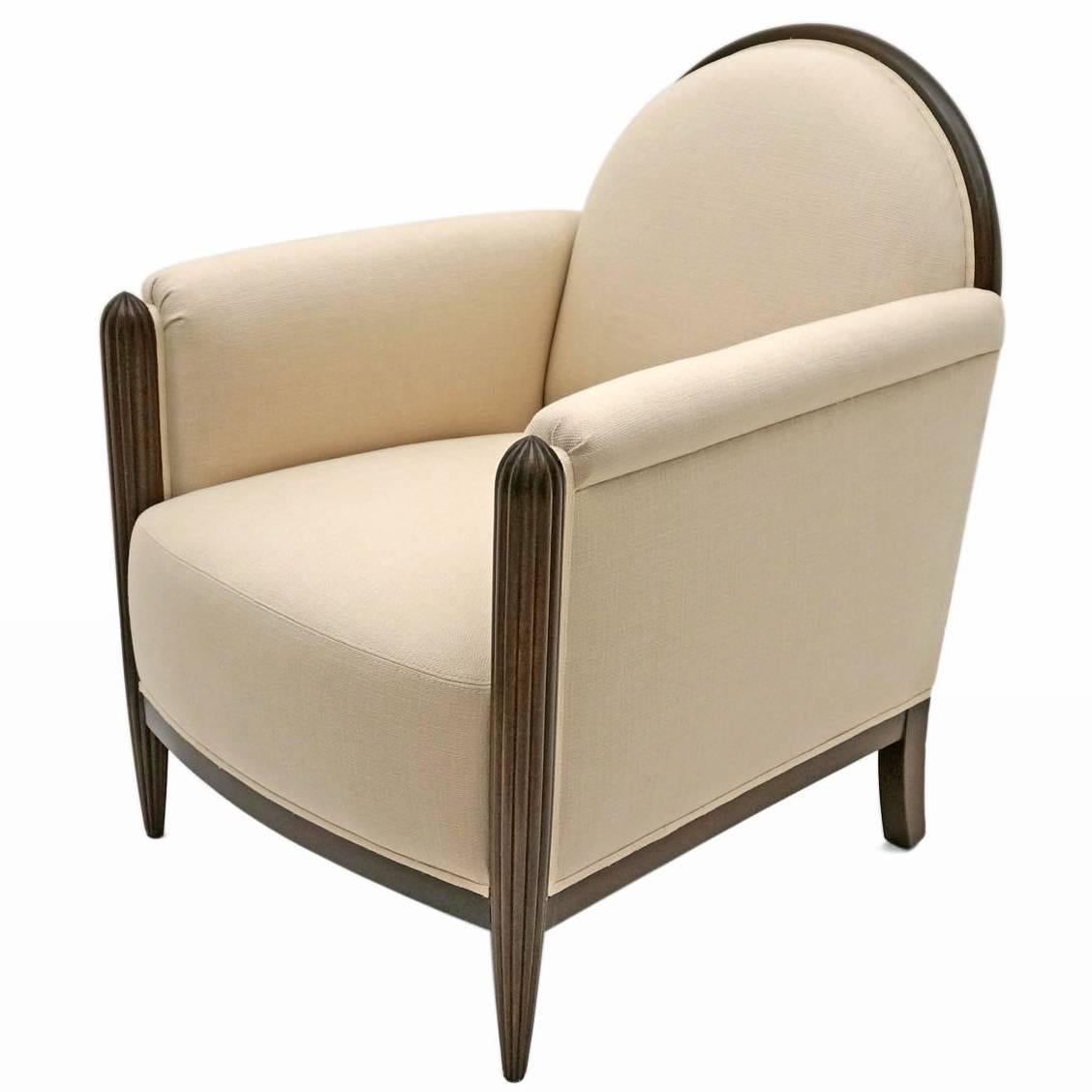 French Art Deco Upholstered Club Chair with Reeded Front Legs, circa 1930