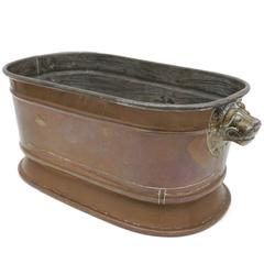 Large Copper Firewood Tub with Brass Lion Head Handles, England, circa 1900