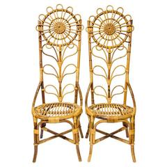 Pair of Rattan High Back Shape Chairs with Flower Pattern