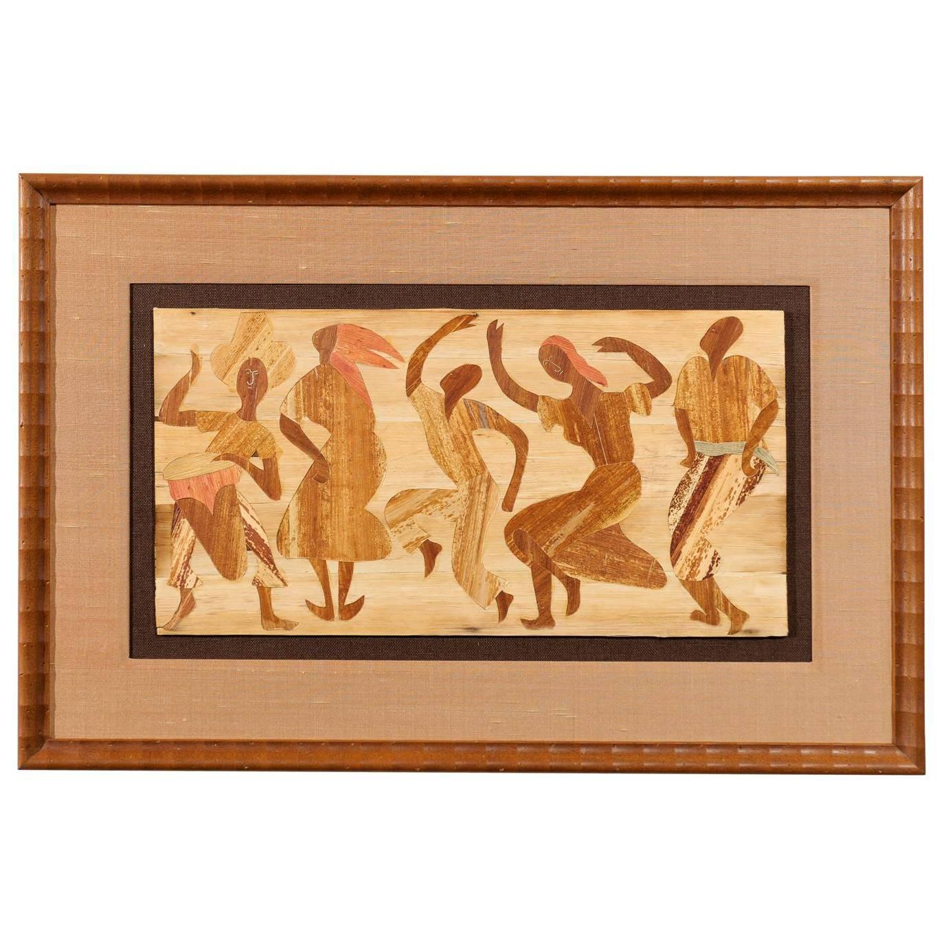 Exceptional Folk Art Dance Scene Executed in Wood Inlay For Sale