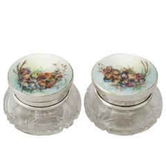 Pair of Sterling Silver, Cut Glass and Enamel Dressing Table Jars, Antique