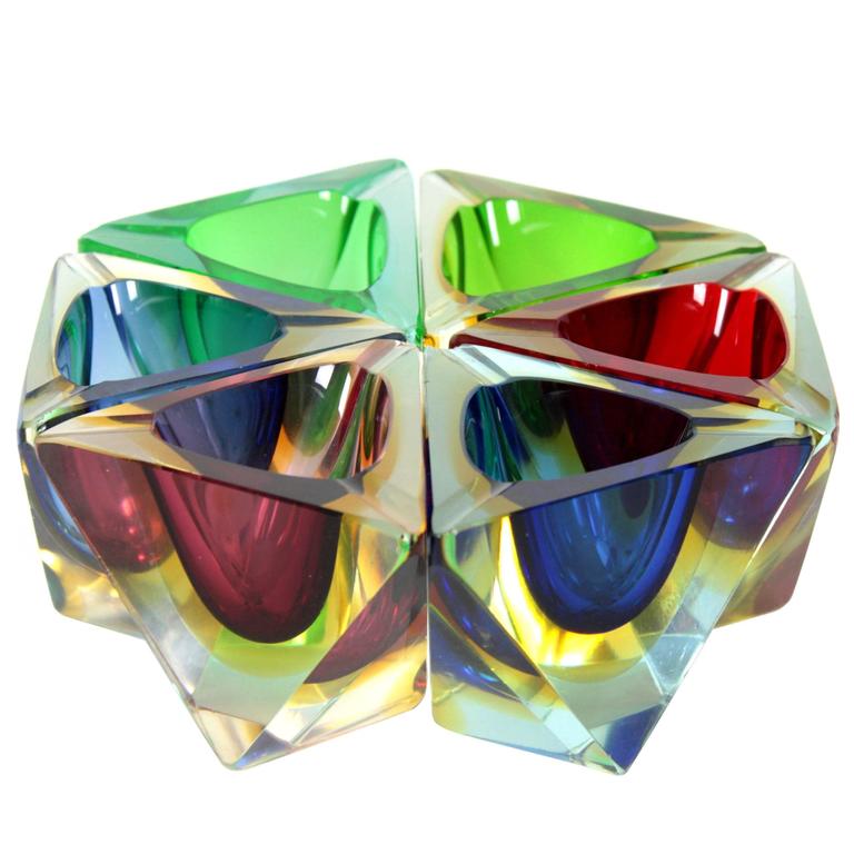 Unusual Set of Six Flavio Poli Faceted Sommerso Colorful Murano Glass Ashtrays For Sale at 1stdibs