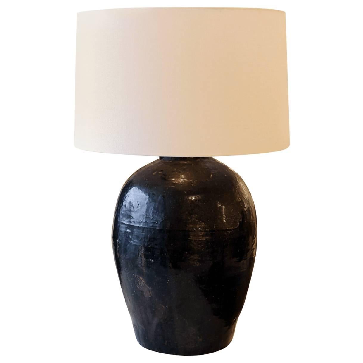 18th Century Dark Chocolate Color Glazed French Urn as Custom Table Lamp