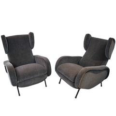 Pair of Italian Mid-Century Recliners in the Style of Zanuso in Charcoal Mohair