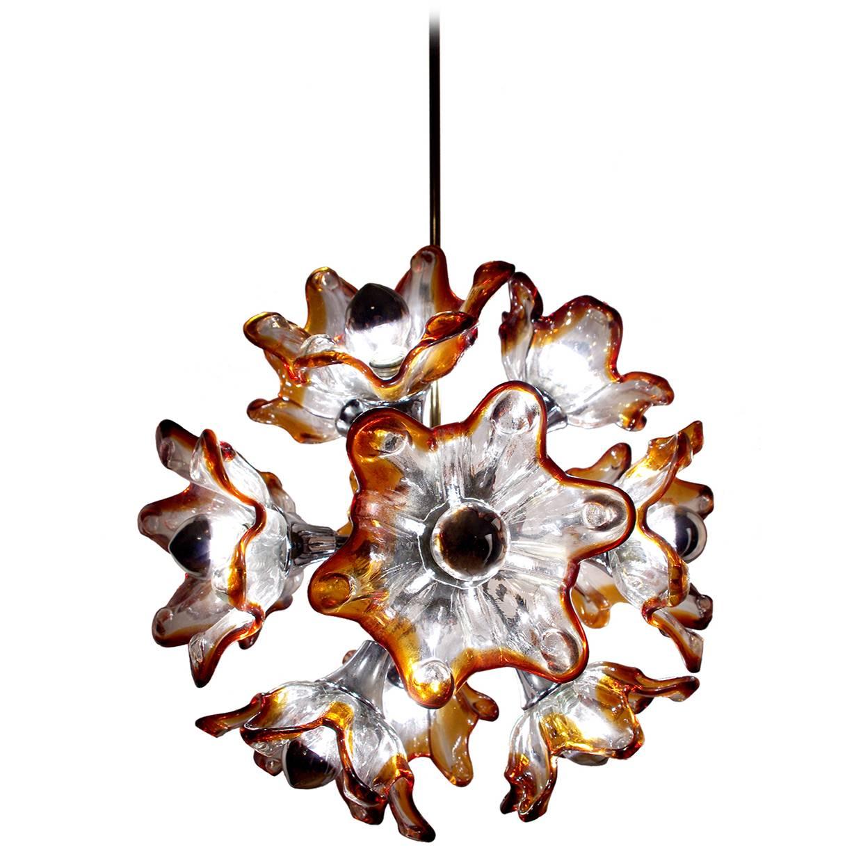 Italian Vinage Twelve-Arm Murano Glass Flower Sputnik Pendant Chandelier