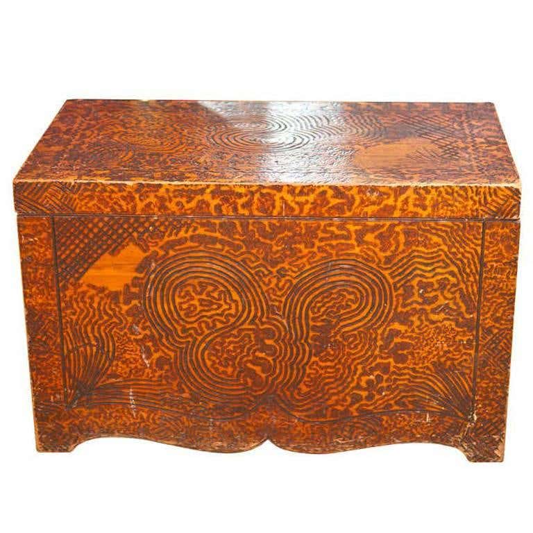 Unique Folk Art Pyrography Chest at 1stDibs
