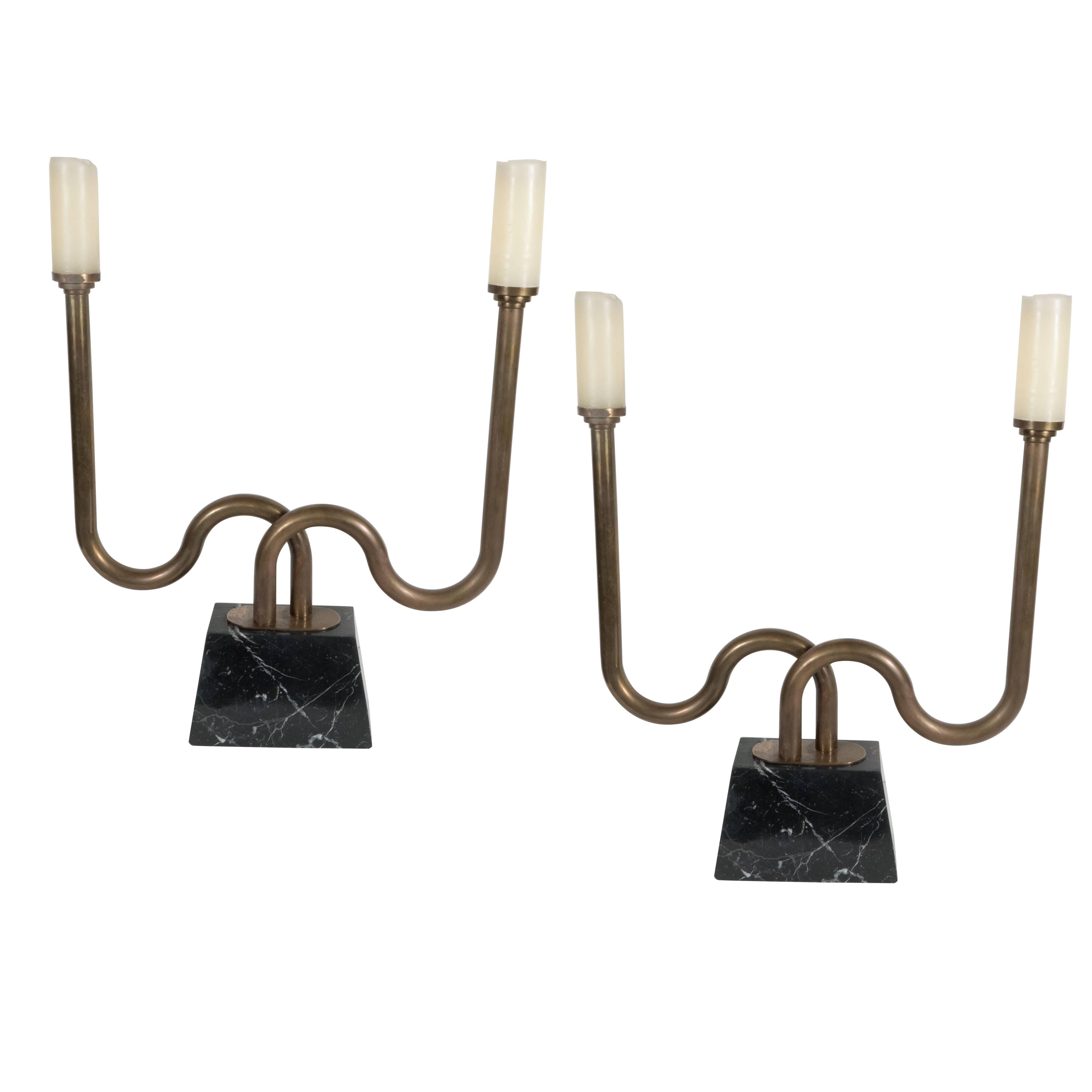 Pair of Mid-Century Modernist Bronze Candlesticks with Polished Marble Bases