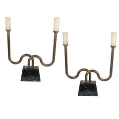 Vintage Pair of Mid-Century Modernist Bronze Candlesticks with Polished Marble Bases