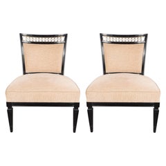 Pair of Mid-Century Slipper Chairs in Ebonized Walnut with Brass Detailing