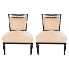Pair of Mid-Century Slipper Chairs in Ebonized Walnut with Brass Detailing 12