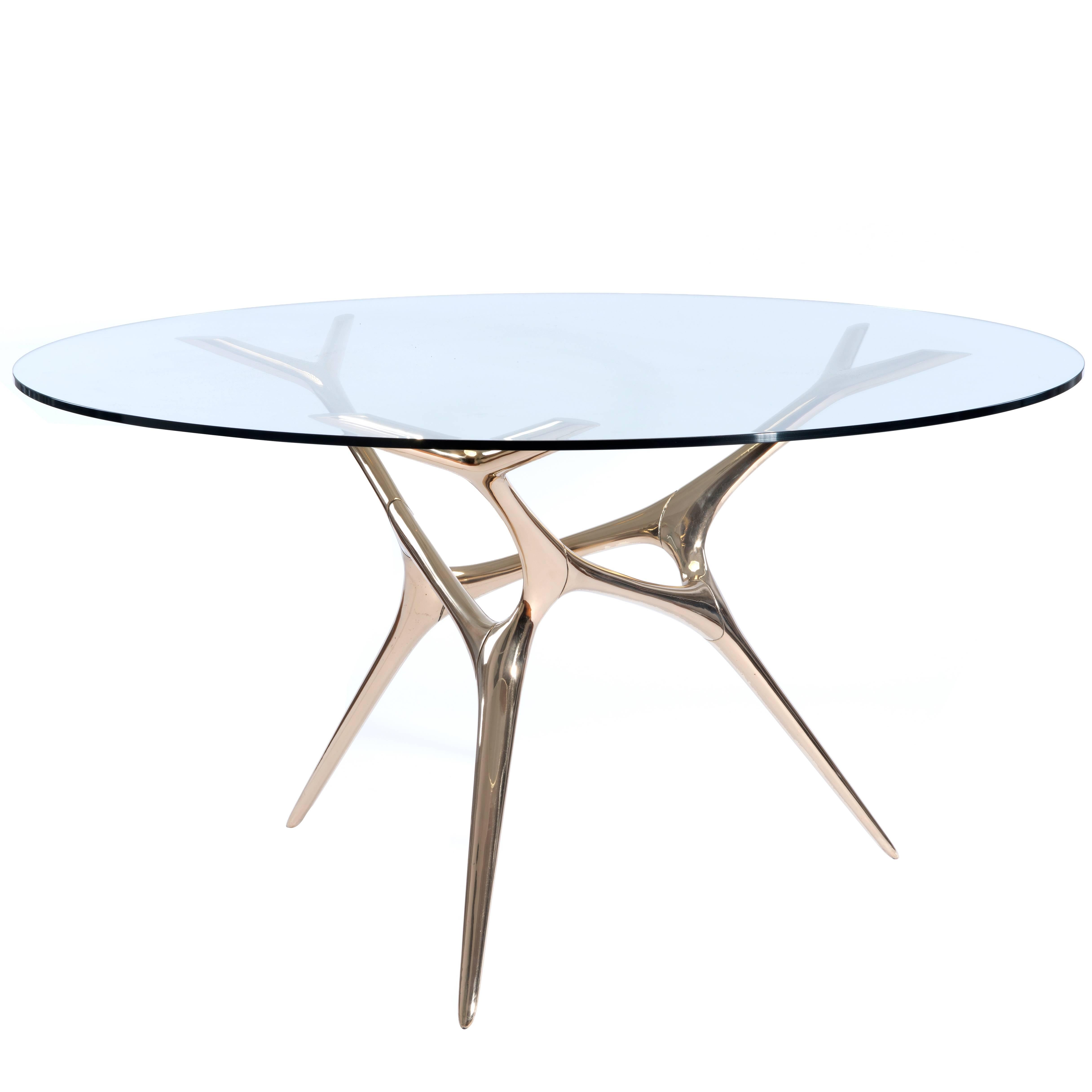 Contemporary E-Volved Table in Polished Bronze and Glass 