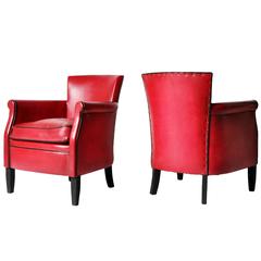Pair of Petite Crimson Leather Club Chairs