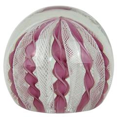 Mid-Century Murano Zanfirico Crown Glass Paperweight in Pink and White