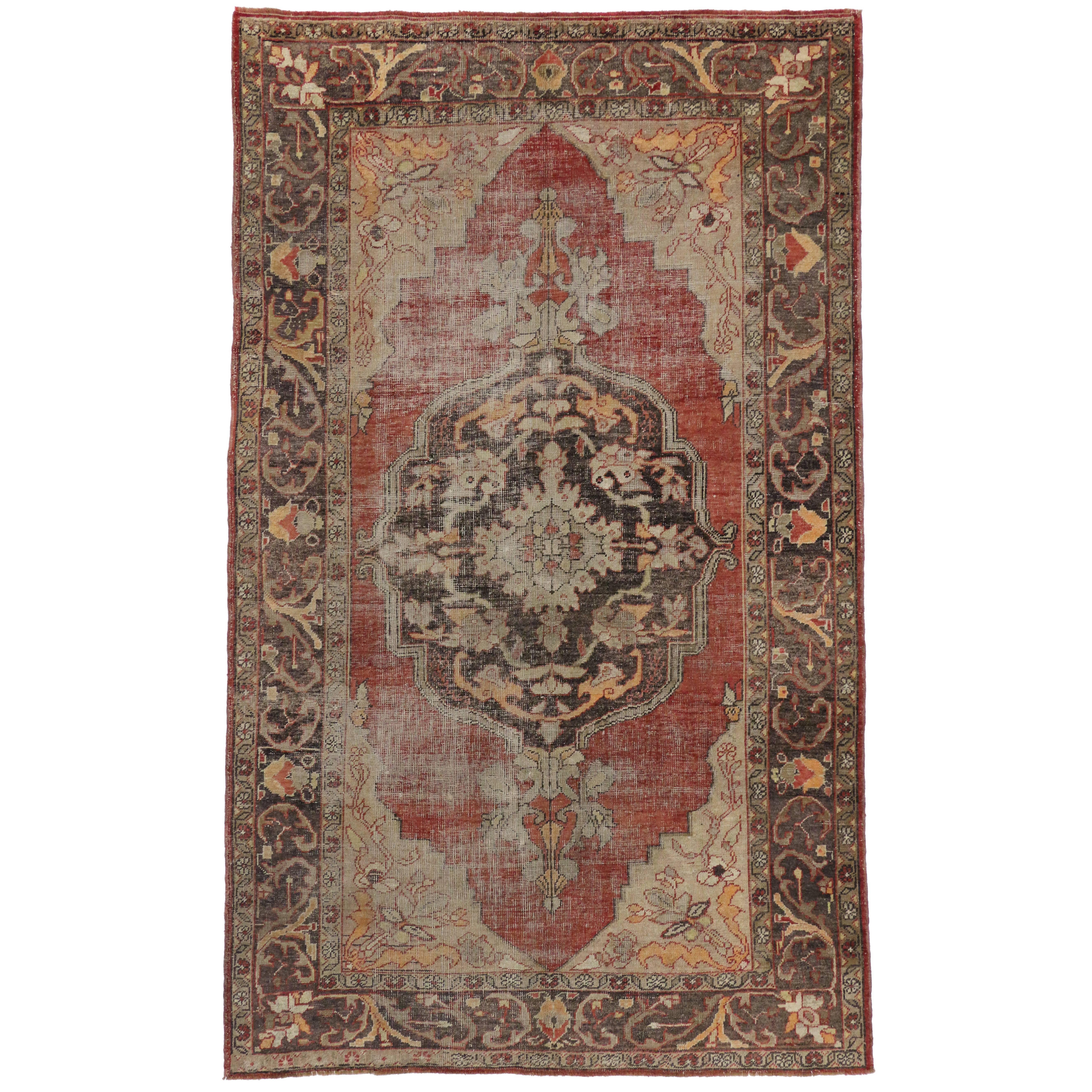 Distressed Vintage Turkish Oushak Rug with Rustic English Manor Style  For Sale