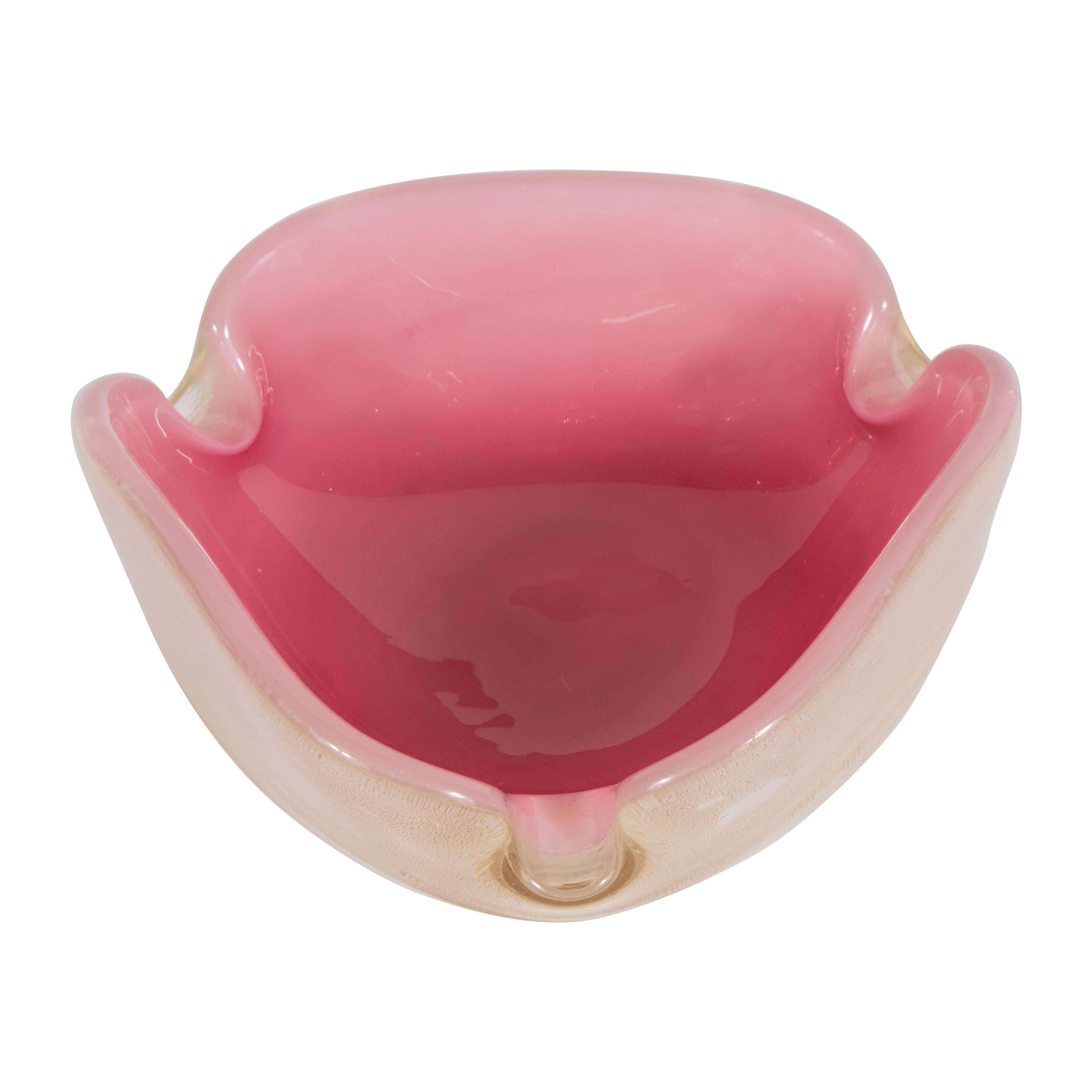 Handblown Murano Glass Ashtray in Hues of Rose and Pink with Yellow Gold