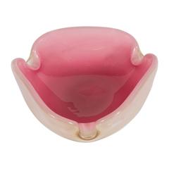 Handblown Murano Glass Ashtray in Hues of Rose and Pink with Yellow Gold