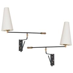 Pair of French Mid-Century Swing-Arm Counterbalanced Sconces in Brass and Enamel