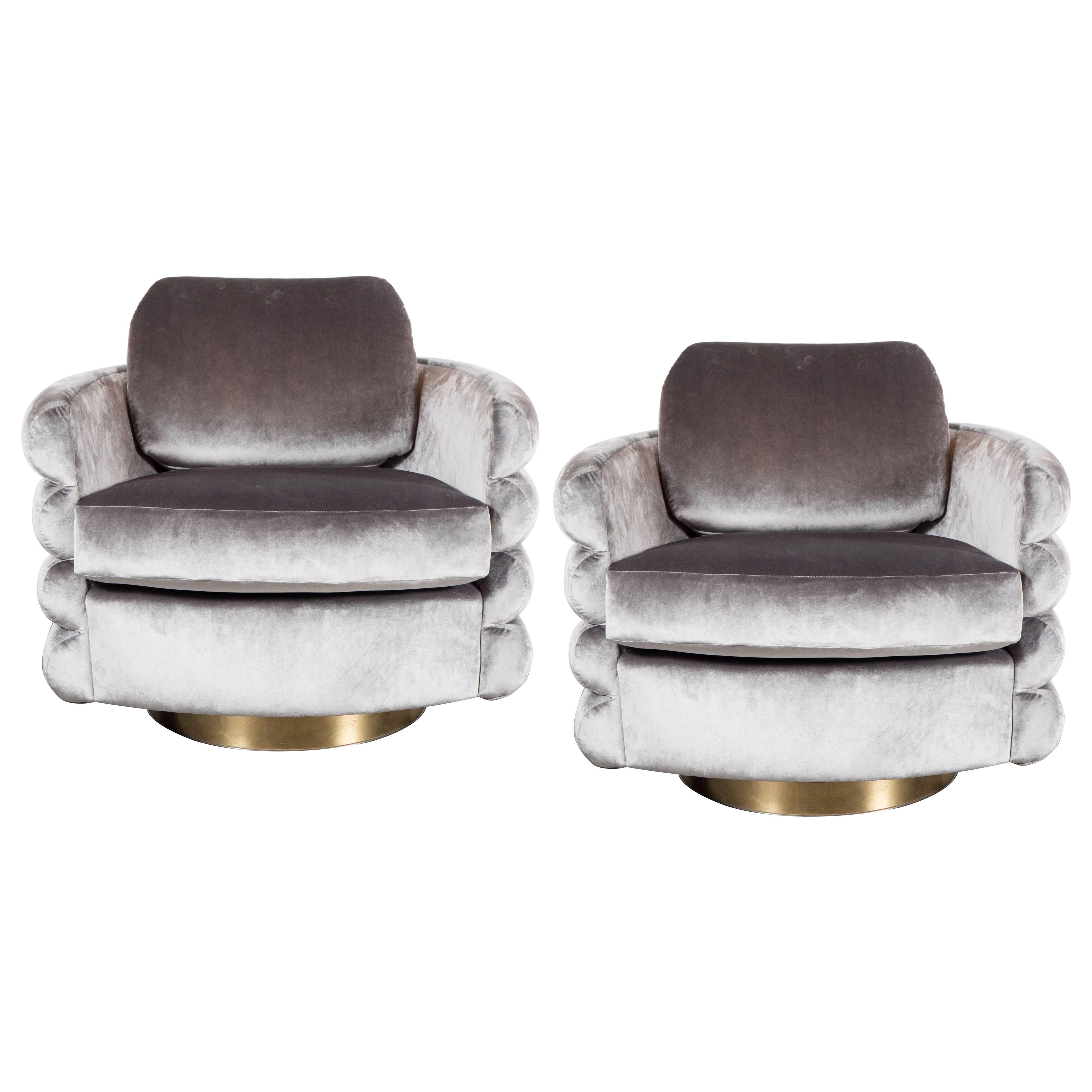 Pair of Milo Baughman Tilt and Swivel Chairs in Platinum Velvet with Brass﻿