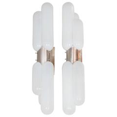 Pair of Tubular White Glass and Aluminum Sconces by Carlo Nason for Mazzega