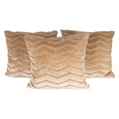 Set of Three Custom Made Embossed Velvet Chevron Design Pillows in Camel