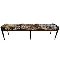 Italian Three-Seat Ebonized and Walnut Bench in Cowhide