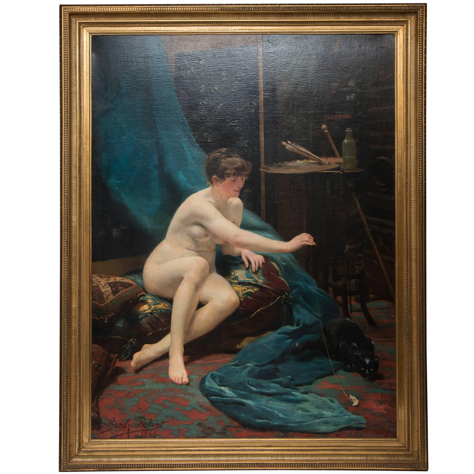 Posing Model Very Large Oil on Canvas by Robert Berly Dated in 1884 For Sale