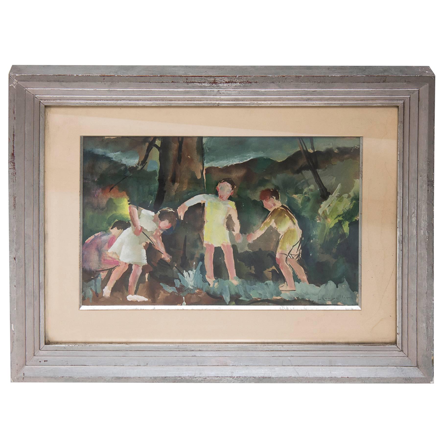 Children Playing by Luigi Corbellini Gouache Framed and Signed For Sale
