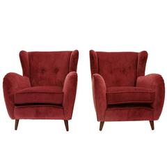 Set of Two Mid-Century Italian Bordeaux Velvet Armchairs, 1950s